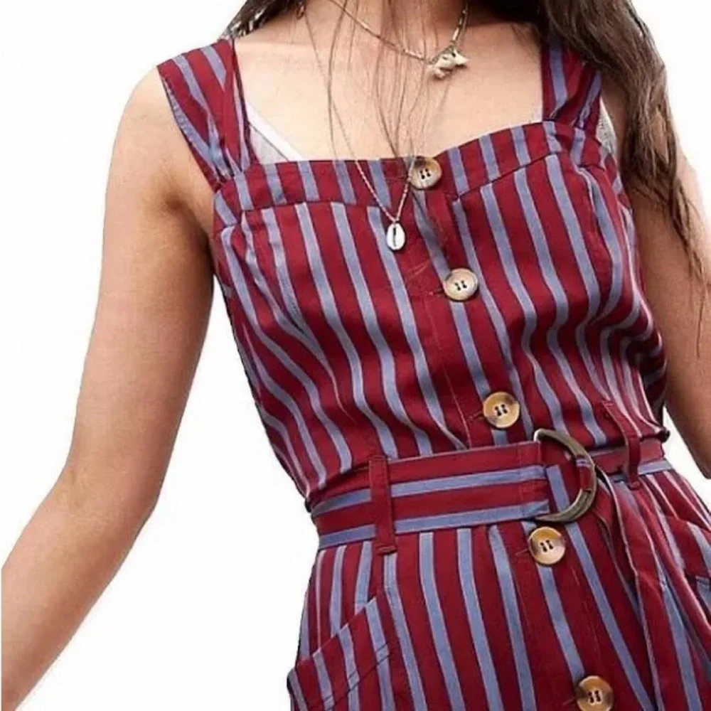 Free People City Girl Striped Jumpsuit NEW wide leg sleeveless pockets Burgandy